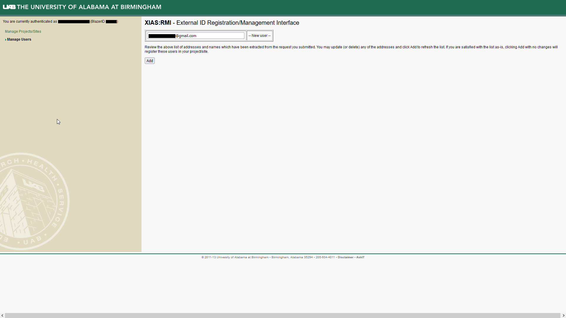 Image showing confirmation page with table containing emails entered on user registration form, one per row.