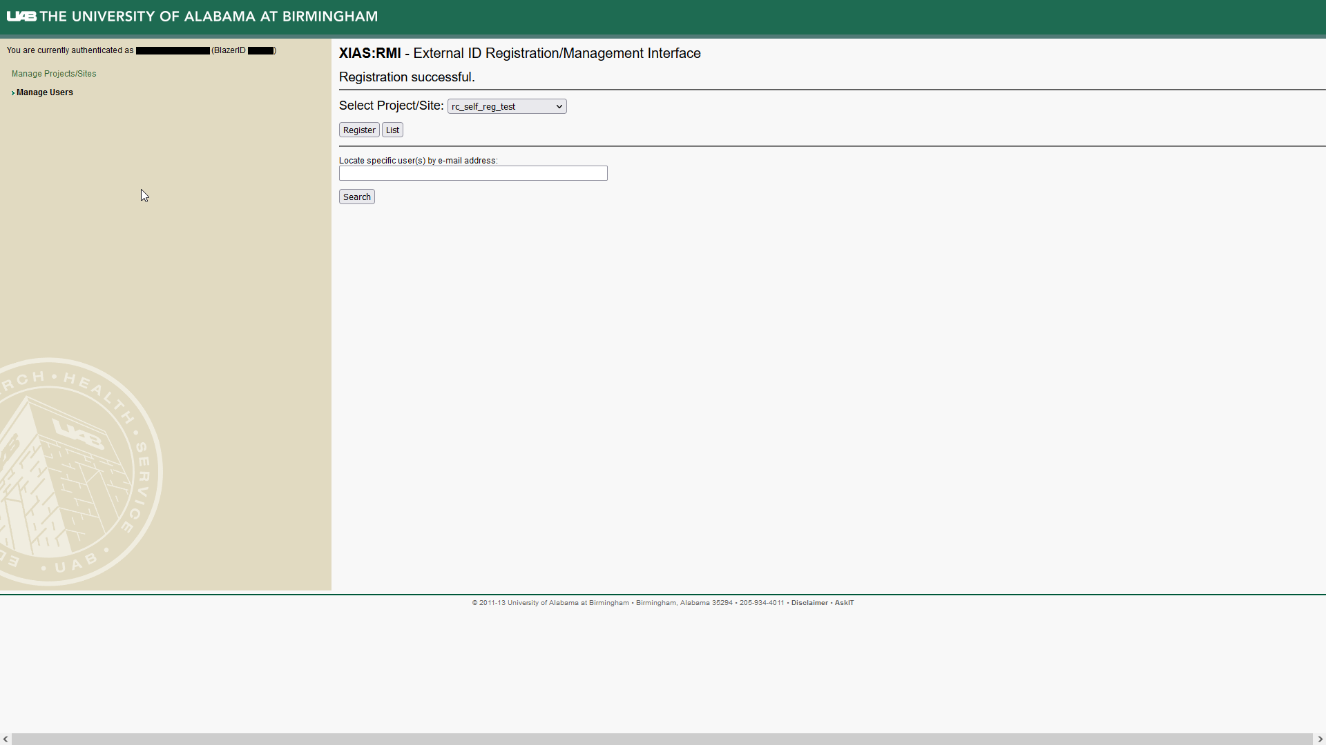 Image showing UAB XIAS User Management Webpage with the text Registration successful.
