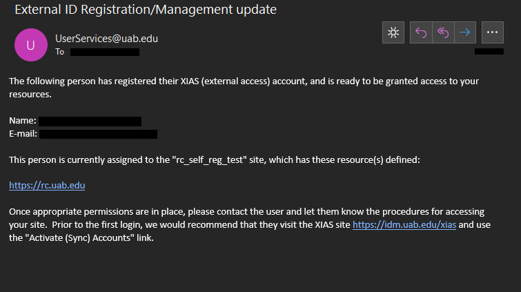 Image showing email sample received following XIAS user registration. Includes user name and email as well as sites and URI resources.