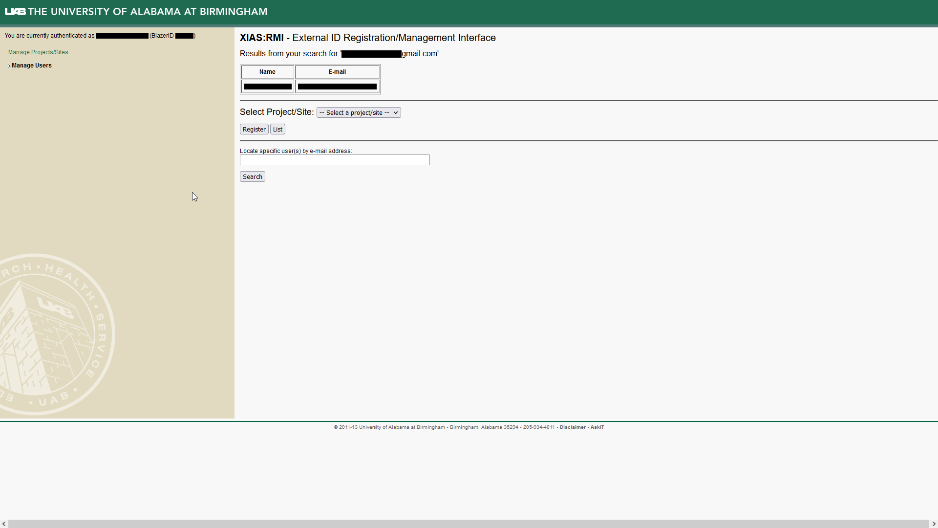 Image showing UAB XIAS User Management Webpage. An email search has been performed using the text field and a table listing names and emails is present at the top of the page.