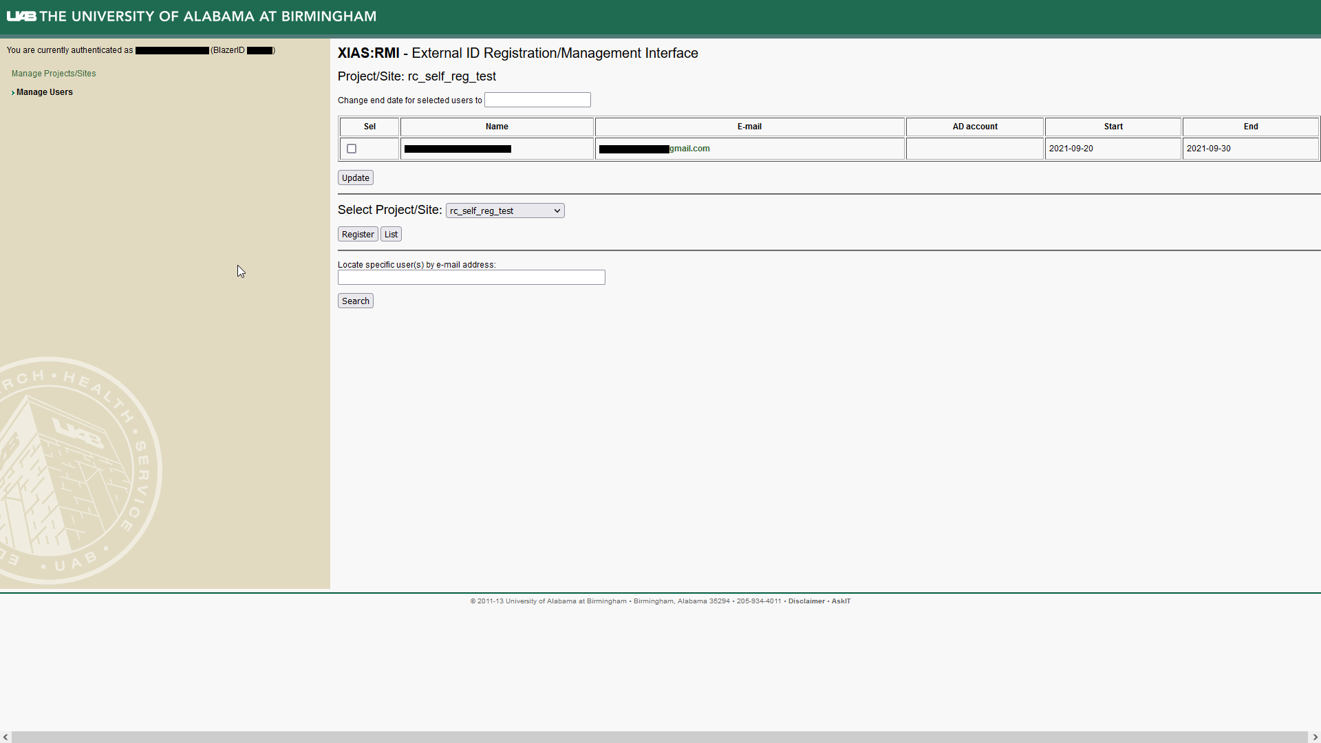 Image showing UAB XIAS User Management Webpage. A site listing has been performed using the site selection drop-down box and list button. A table of names, emails, start and end dates is present at the top of the page, along with checkboxes for changing end dates.
